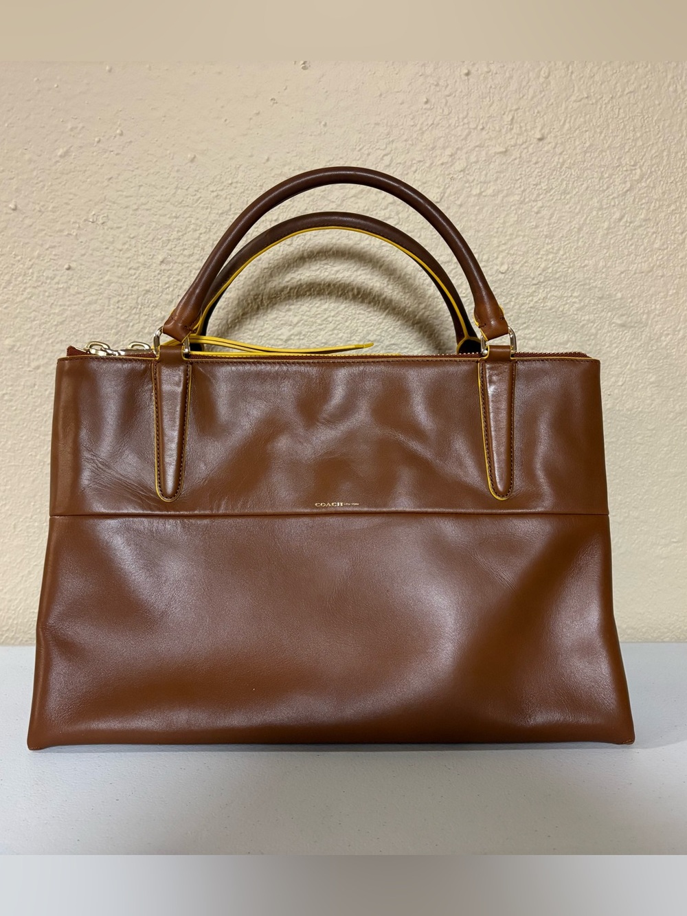 Coach Brough Edgepoint Walnut Brown Leather Satchel with Sunglow Yellow 30982